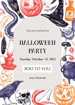 Halloween invitation design template. Greeting card, book cover. Skull, bones, Halloween pumpkin, poisonous mushrooms, snakes, raven sketches. Hand drawn vector illustration. Witchcraft wreath